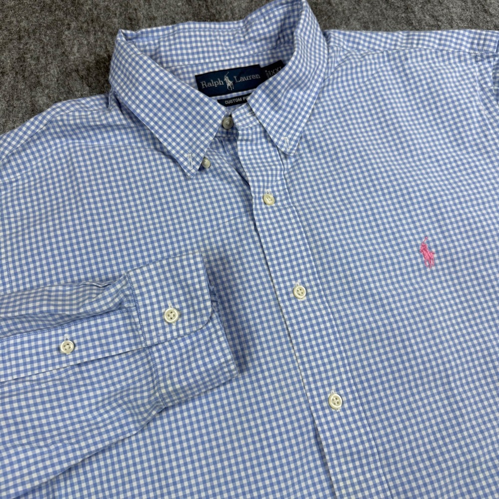 Polo Ralph Lauren Button Down Shirt Mens XXL Blue Gingham Custom Fit Pink Pony
